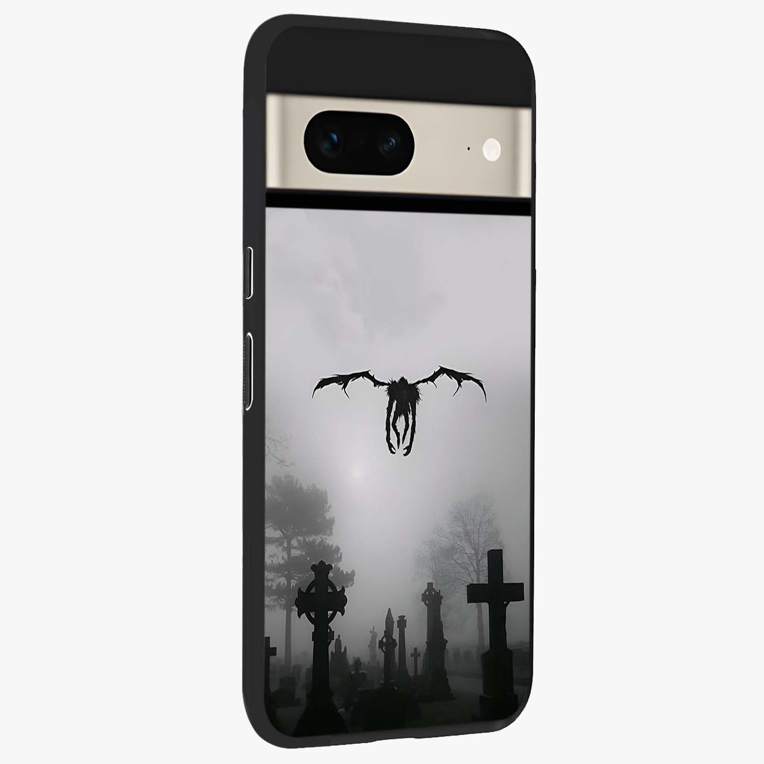 Graveyard Shadow Descent Glass Case upright view showcasing haunting graveyard artwork with dramatic dark theme.