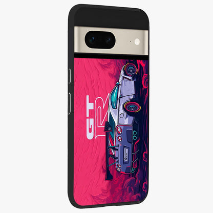 GT-R Car Pattern Glass Case upright view showcasing dynamic car pattern artwork with modern sports theme.