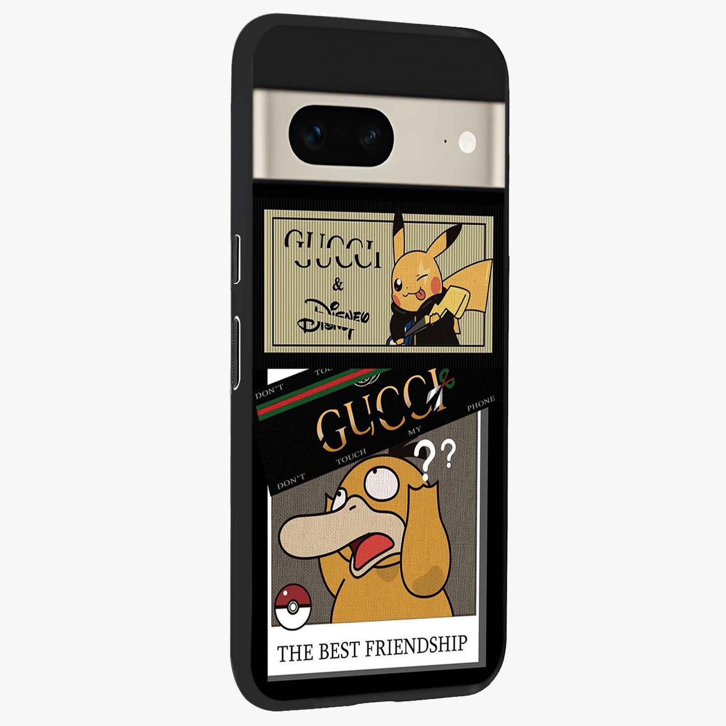Gucci Play Mashup Glass Case upright view showcasing trendy luxury inspired artwork with modern fashion theme.