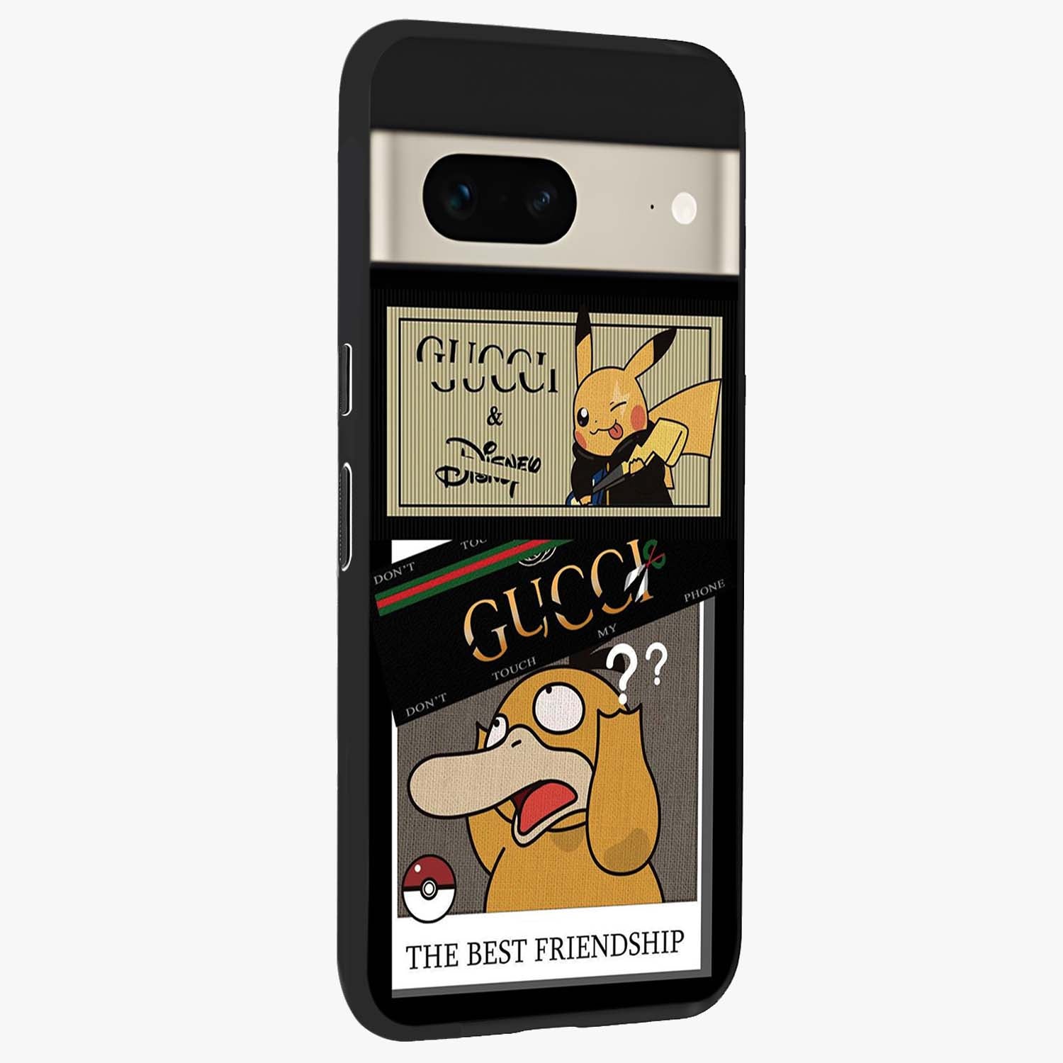 Gucci Play Mashup Glass Case upright view showcasing trendy luxury inspired artwork with modern fashion theme.