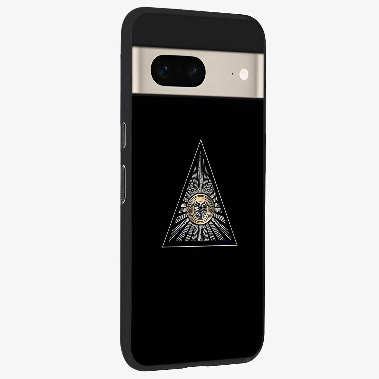 Illuminati Evil Glass Case upright view showcasing striking illuminati artwork with mysterious symbolic theme.
