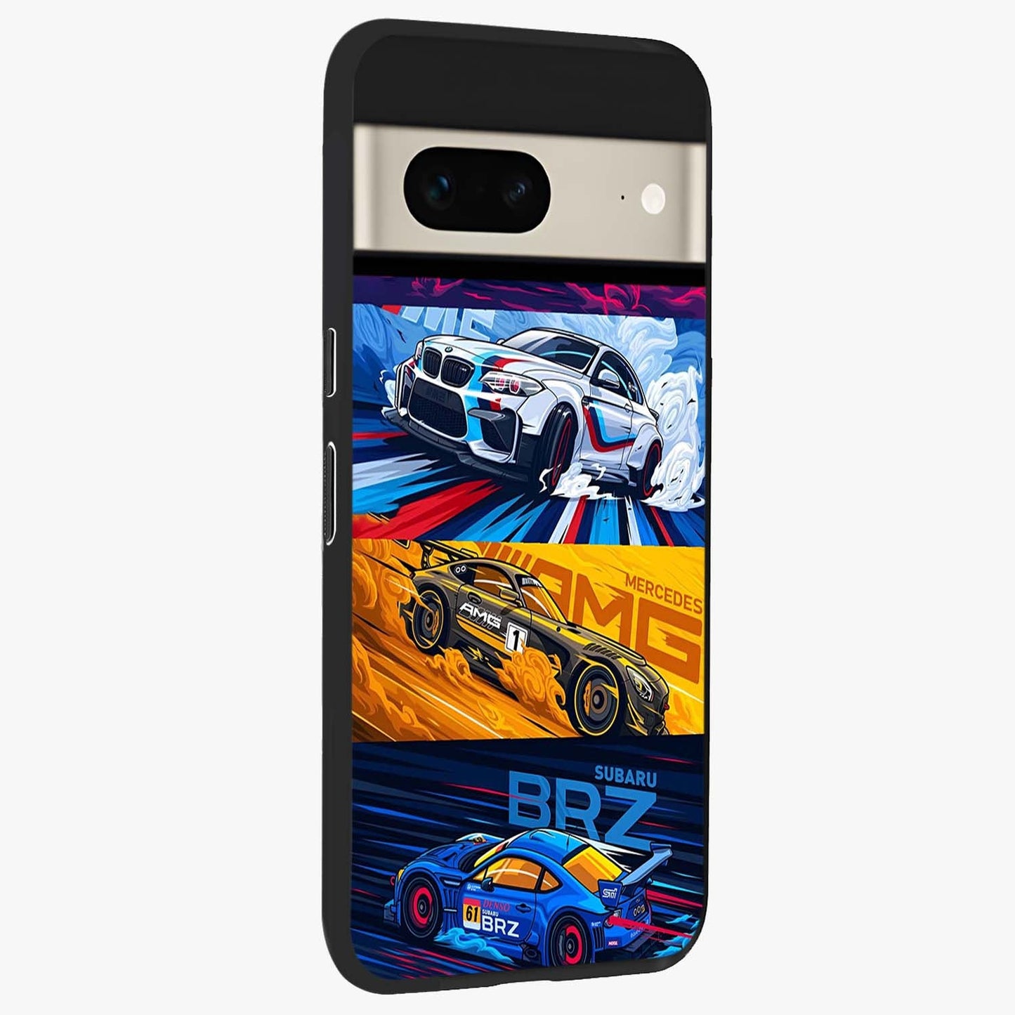 JDM Sports Car Glass Case upright view showcasing dynamic sports car artwork with bold racing theme.