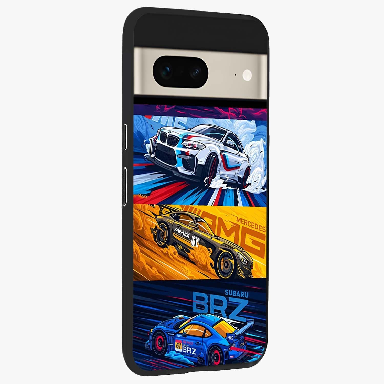 JDM Sports Car Glass Case upright view showcasing dynamic sports car artwork with bold racing theme.
