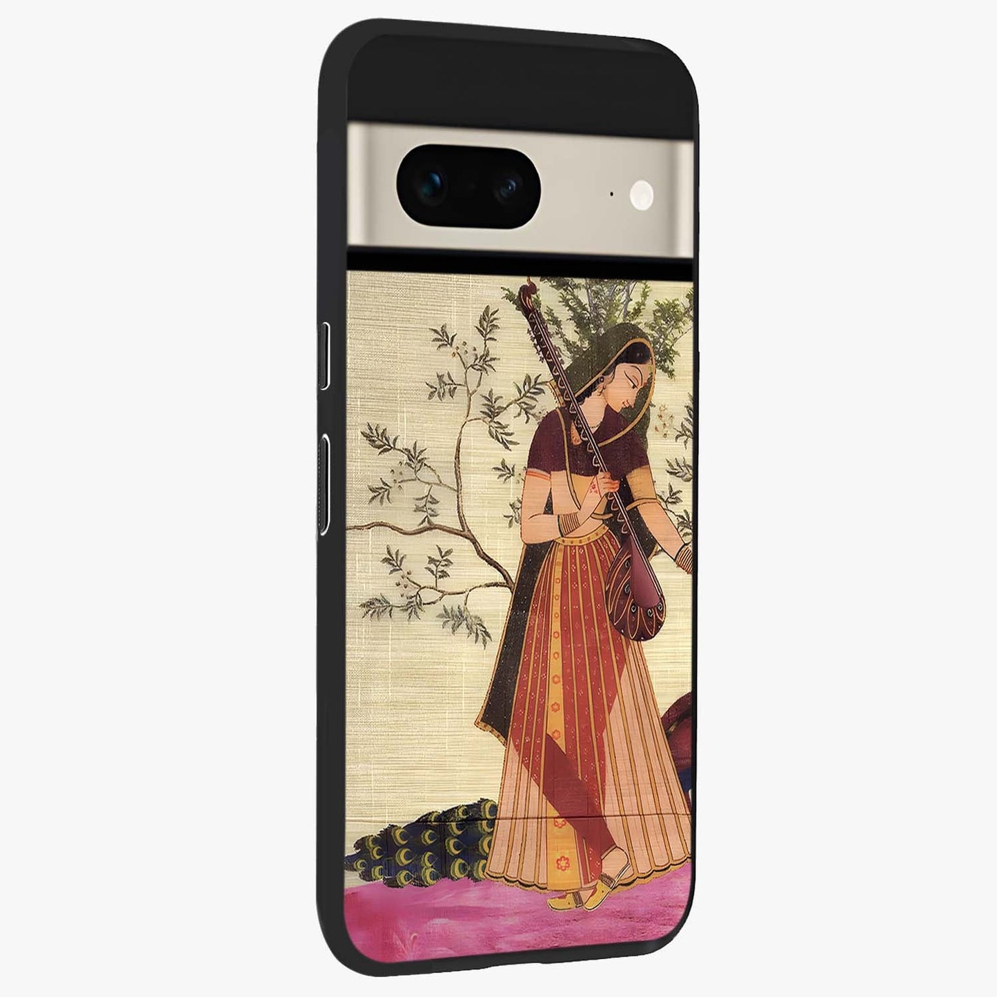 Lady With Veena Art Glass Case upright view showcasing classical veena artwork with traditional artistic theme.