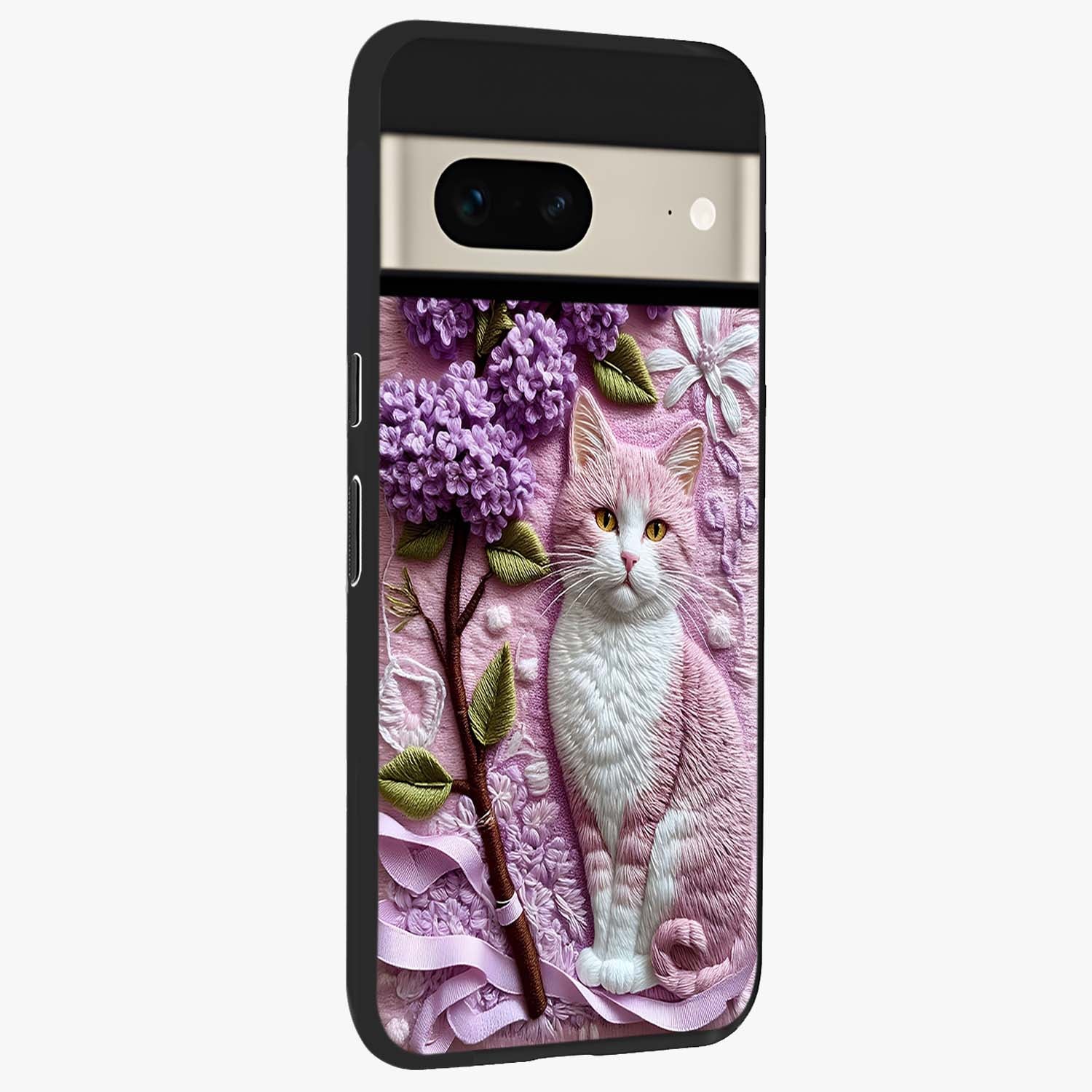 Lavender Cat Whimsy Glass Case upright view showcasing charming cat artwork with whimsical lavender theme.