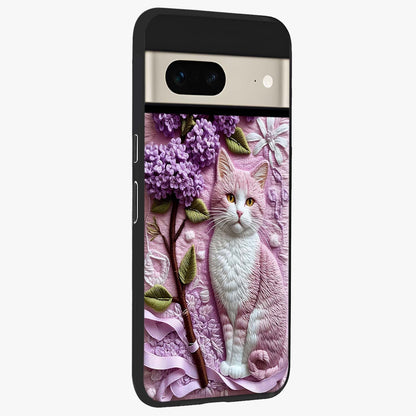 Lavender Cat Whimsy Glass Case upright view showcasing charming cat artwork with whimsical lavender theme.