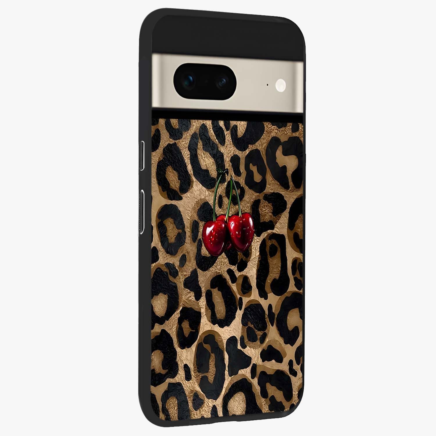 Leopard Wild Cherry Glass Case upright view showcasing stylish leopard pattern artwork with trendy fashion theme.