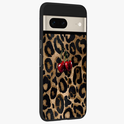 Leopard Wild Cherry Glass Case upright view showcasing stylish leopard pattern artwork with trendy fashion theme.