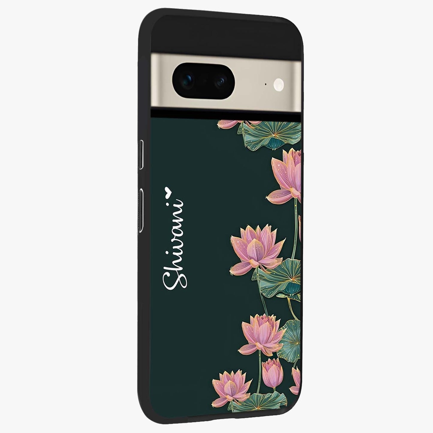 Lotus Bloom Serenity Custom Name Glass Case upright view showcasing serene lotus bloom artwork with personalized floral aesthetic.