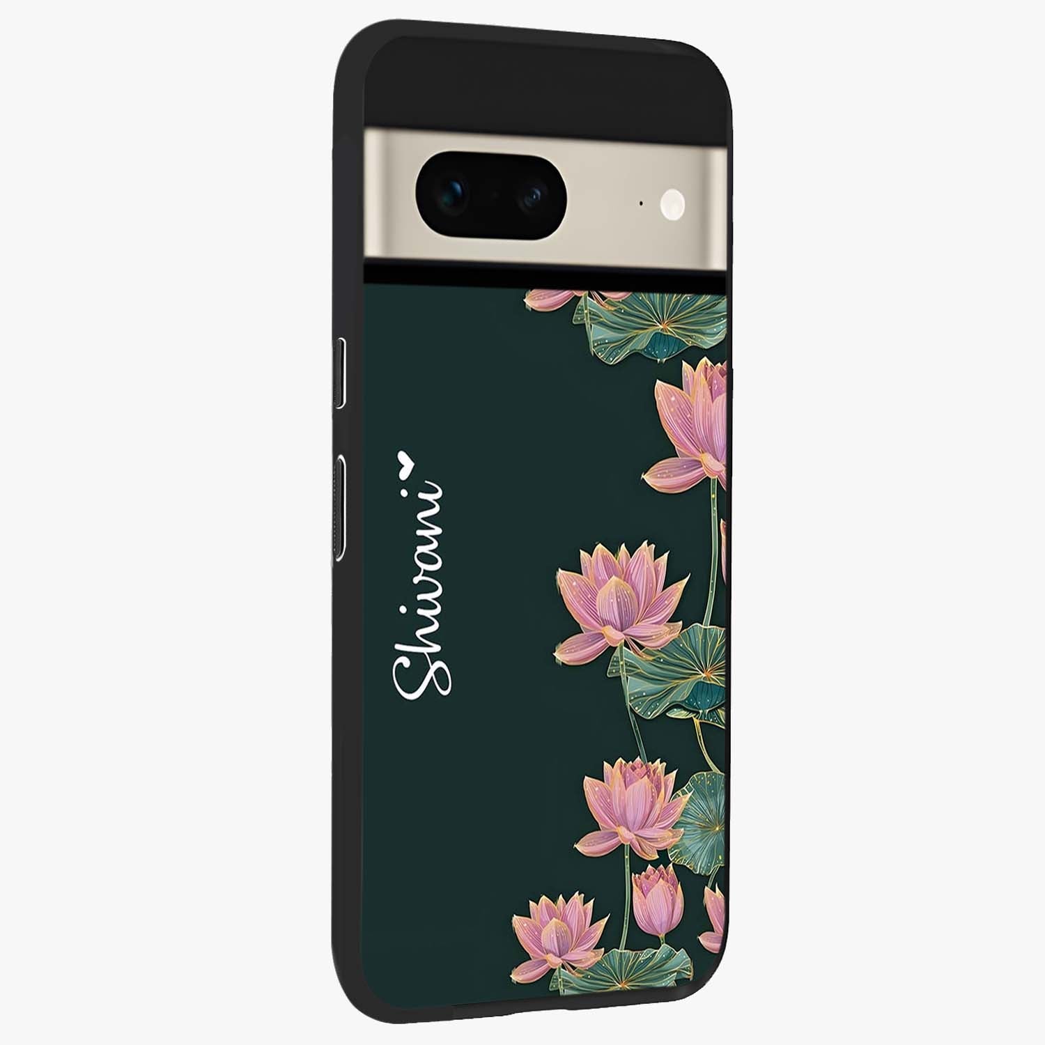Lotus Bloom Serenity Custom Name Glass Case upright view showcasing serene lotus bloom artwork with personalized floral aesthetic.