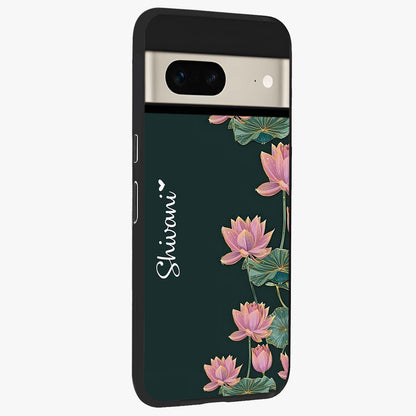 Lotus Bloom Serenity Custom Name Glass Case upright view showcasing serene lotus bloom artwork with personalized floral aesthetic.