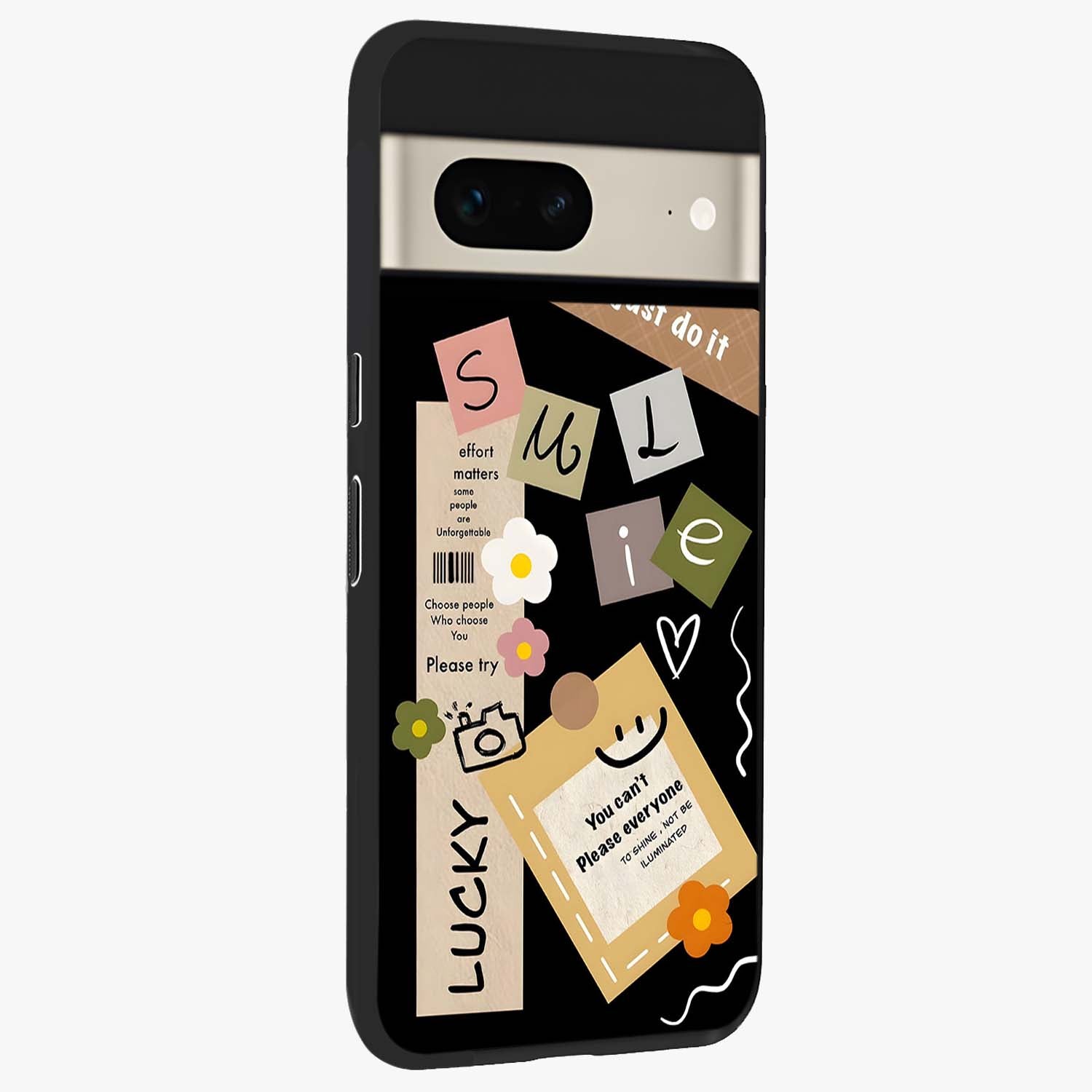 Lucky Aesthetic Collage Glass Case upright view showcasing vibrant collage artwork with youthful aesthetic theme.