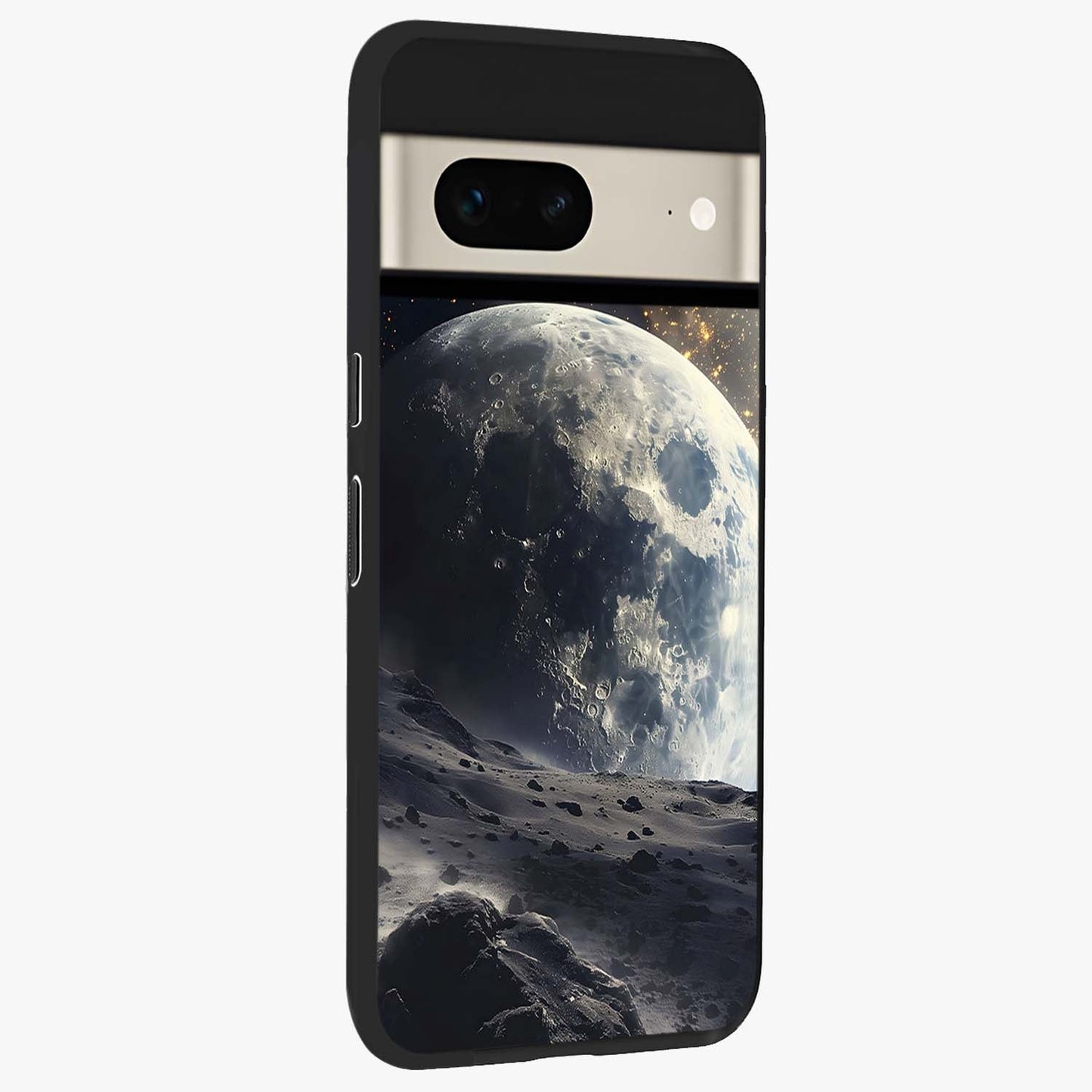 Lunar Horizon Glow Glass Case upright view showcasing radiant lunar artwork with calm cosmic theme.