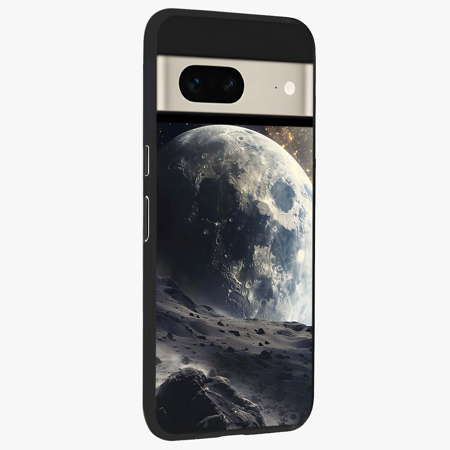 Lunar Horizon Glow Glass Case upright view showcasing radiant lunar artwork with calm cosmic theme.
