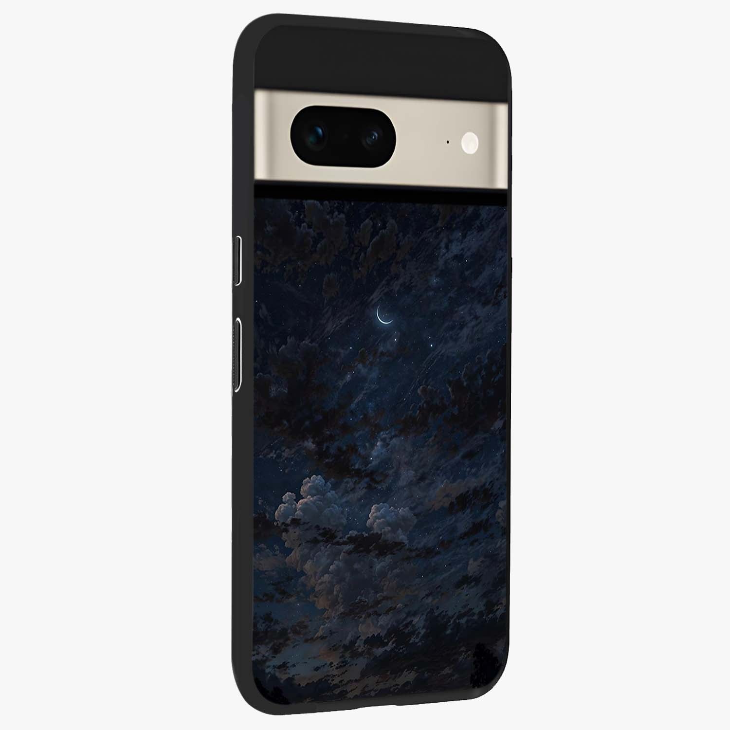 Lunar Veil Silence Glass Case upright view showcasing calm moon themed artwork with serene night atmosphere.