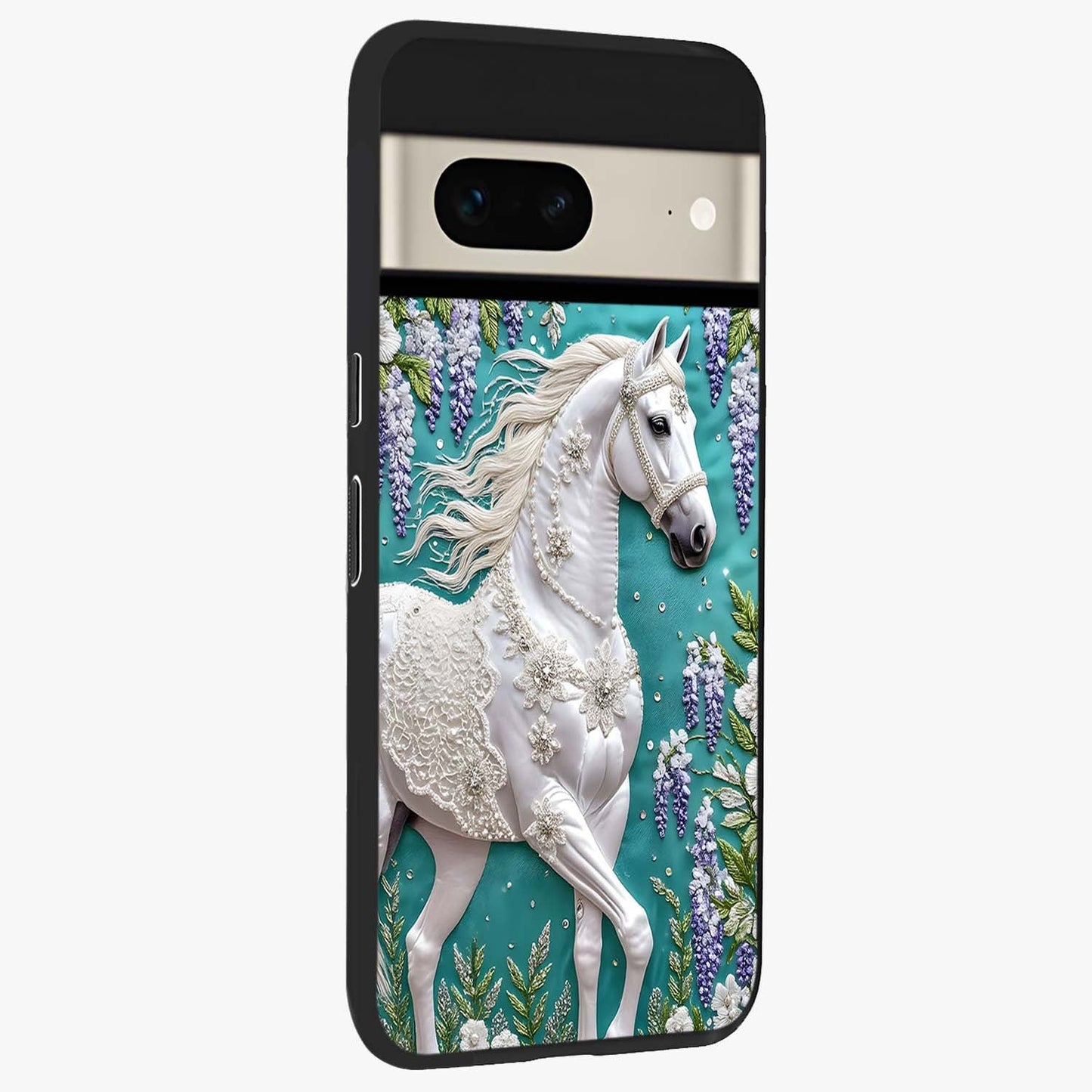 Majestic Floral Stallion Glass Case upright view showcasing dramatic horse artwork with decorative floral theme.