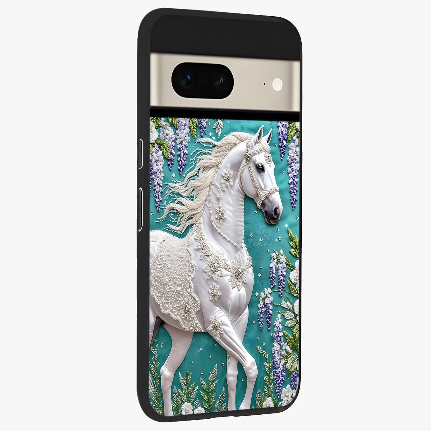 Majestic Floral Stallion Glass Case upright view showcasing dramatic horse artwork with decorative floral theme.