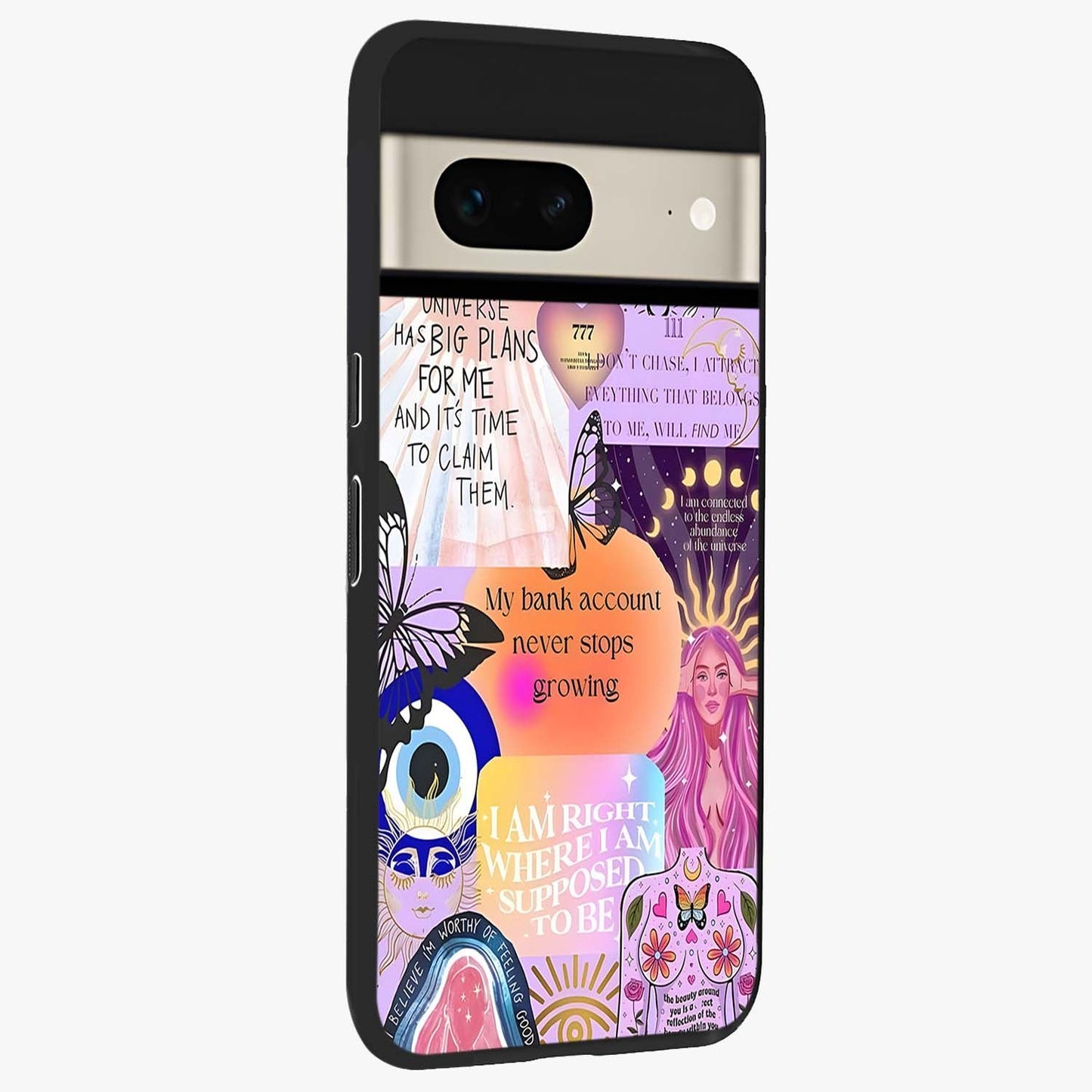 Manifestation Collage Glass Case upright view showcasing artistic manifestation themed artwork with creative style.