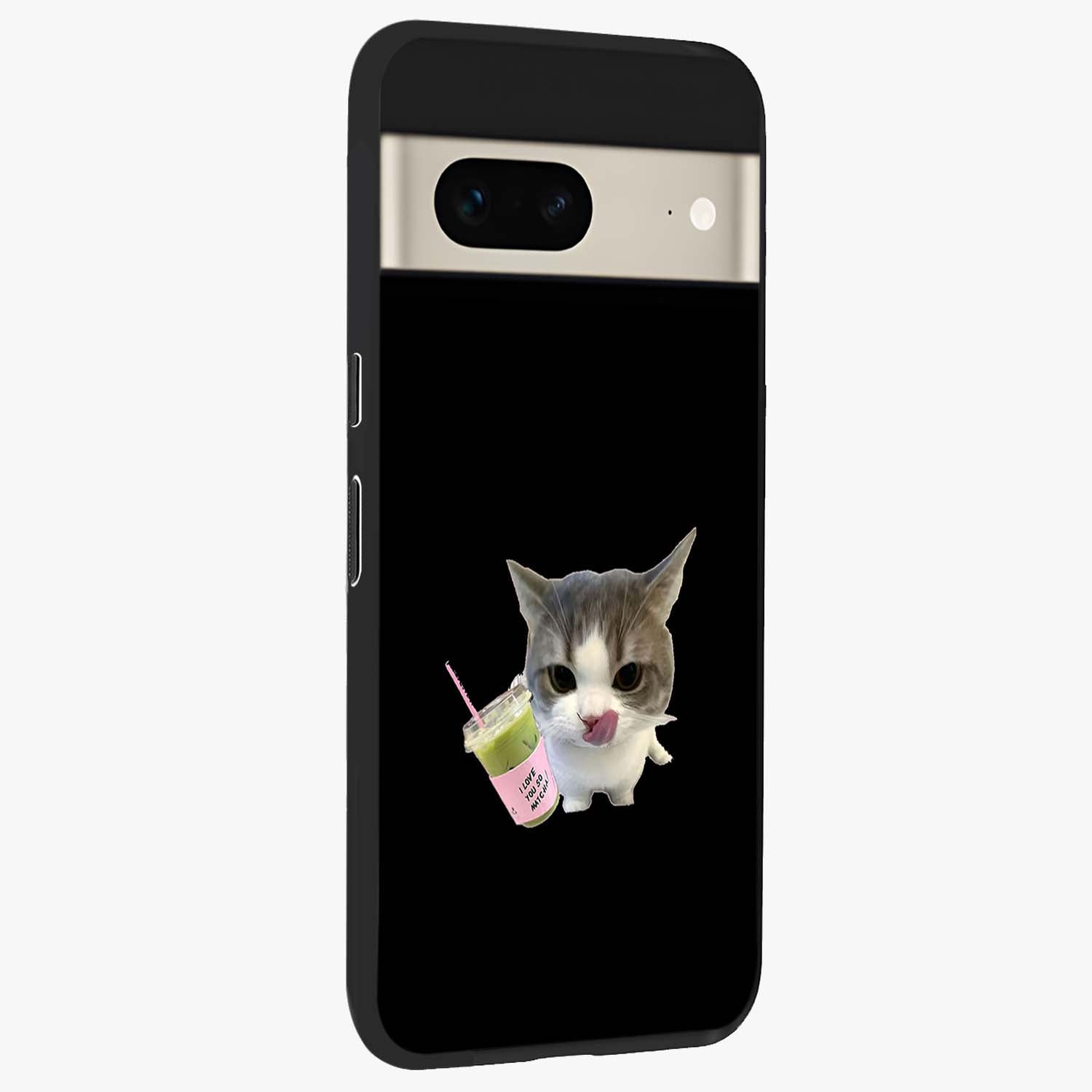 Matcha Cat Style Glass Case upright view showcasing charming cat artwork with cozy aesthetic theme.