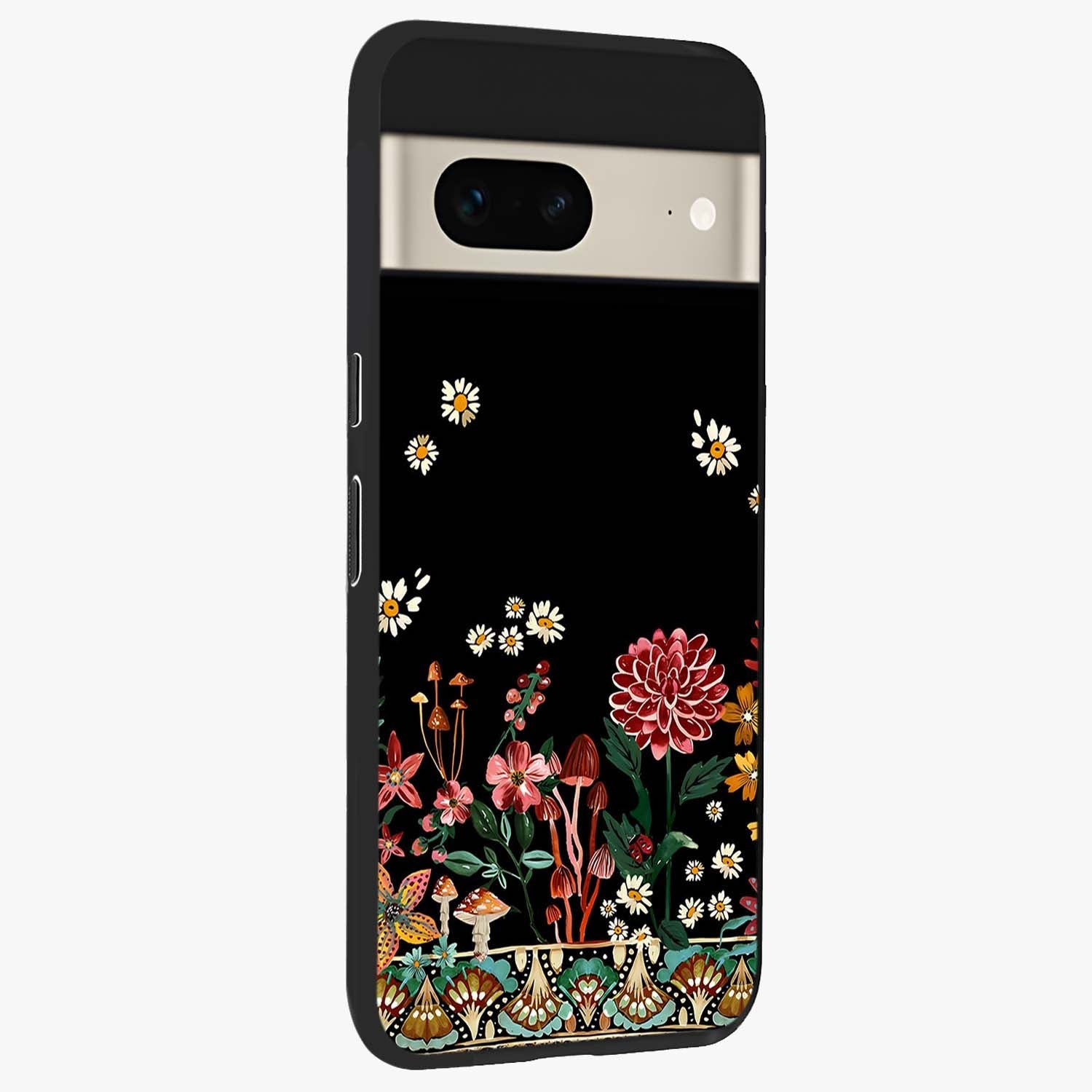 Midnight Bloom Pattern Glass Case upright view showcasing decorative floral artwork with deep night themed palette.
