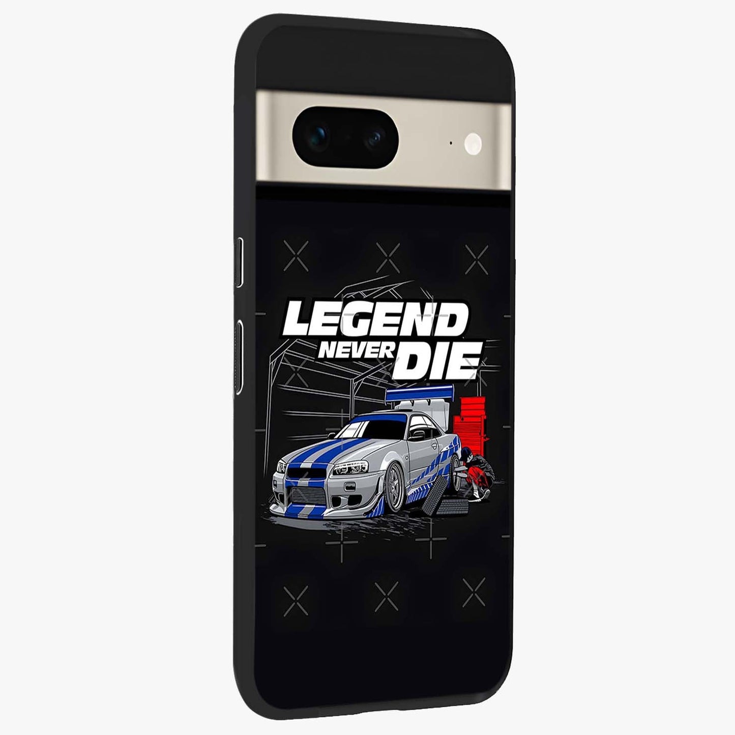 Midnight Racing Legacy Glass Case upright view showcasing powerful racing artwork with modern sports theme.