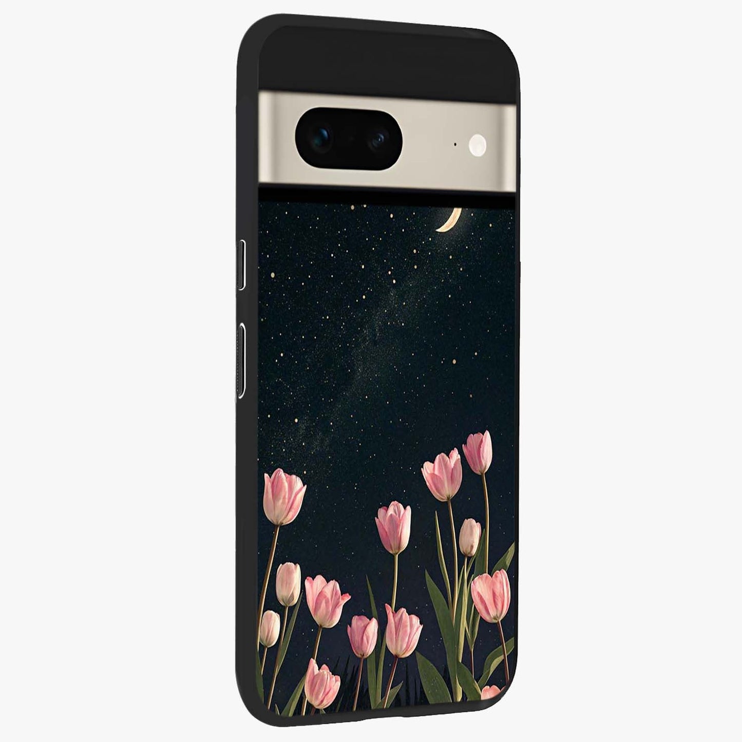 Midnight Tulip Whispers Vibe Glass Case upright view showcasing graceful tulip artwork with calm botanical theme.