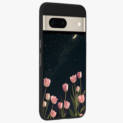 Midnight Tulip Whispers Vibe Glass Case upright view showcasing graceful tulip artwork with calm botanical theme.