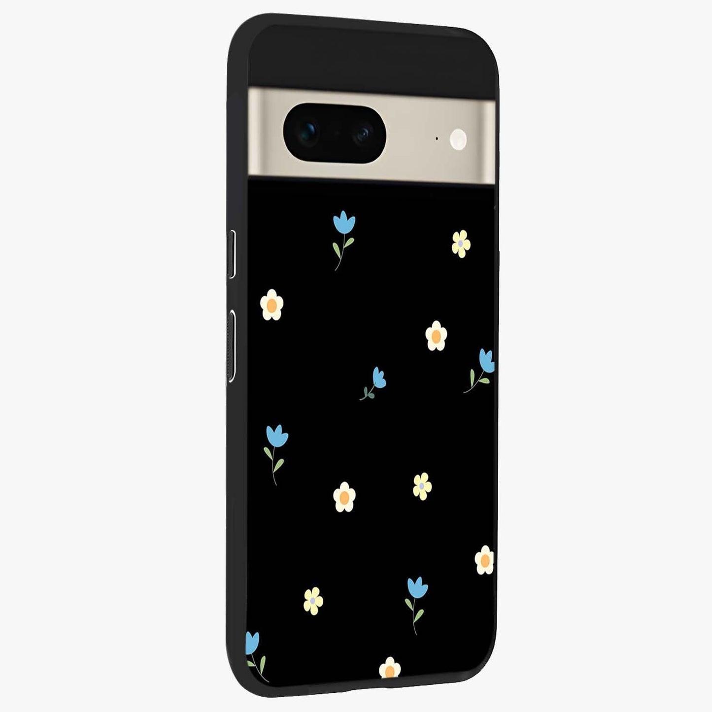 Minimal Petal Whispers Glass Case upright view showcasing elegant floral artwork with modern minimalist style.