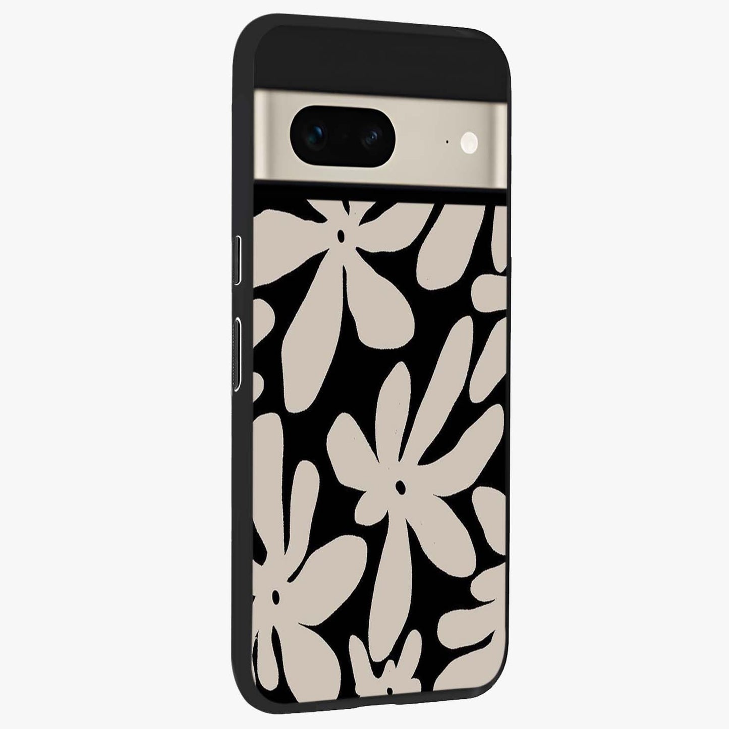 Monochrome Petal Dance Glass Case upright view showcasing artistic floral pattern with stylish monochrome theme.