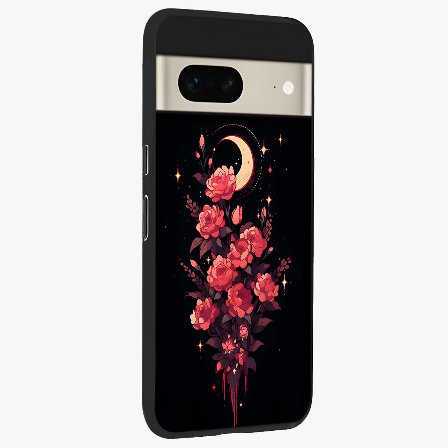 Moonlit Floral Elegance Glass Case upright view showcasing delicate floral artwork with refined night inspired theme.