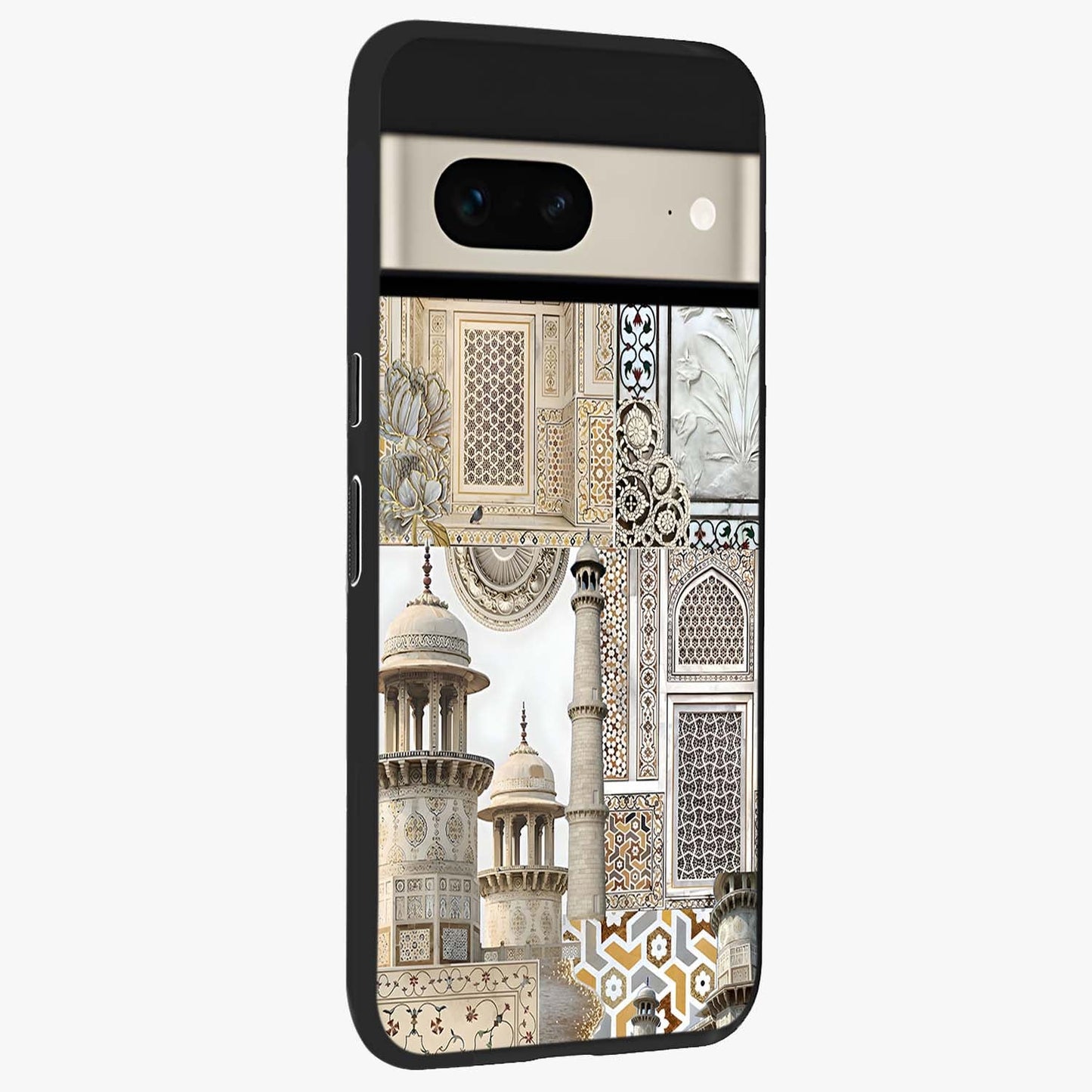 Mughal Marble Legacy Glass Case upright view showcasing ornate Mughal design with luxurious traditional theme.