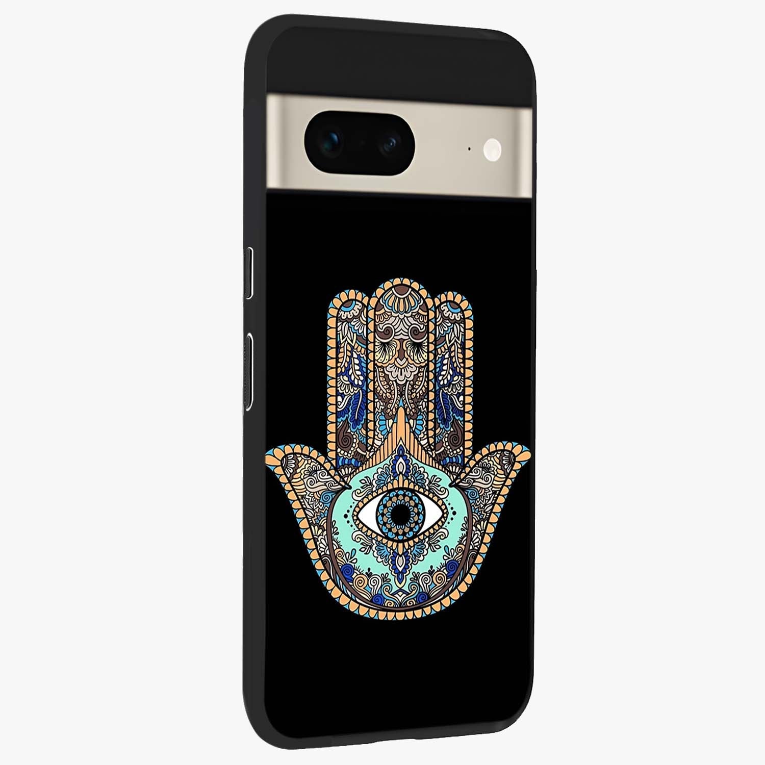 Mystic Hamsa Eye Glass Case upright view showcasing detailed hamsa eye artwork with protective spiritual theme.