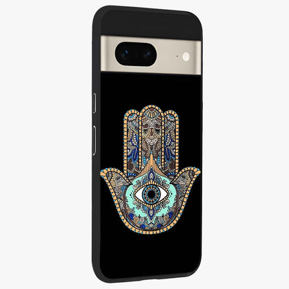 Mystic Hamsa Eye Glass Case upright view showcasing detailed hamsa eye artwork with protective spiritual theme.