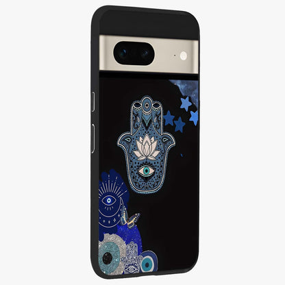 Mystic Hand Aura Glass Case upright view showcasing symbolic hand artwork with mystical energy theme.