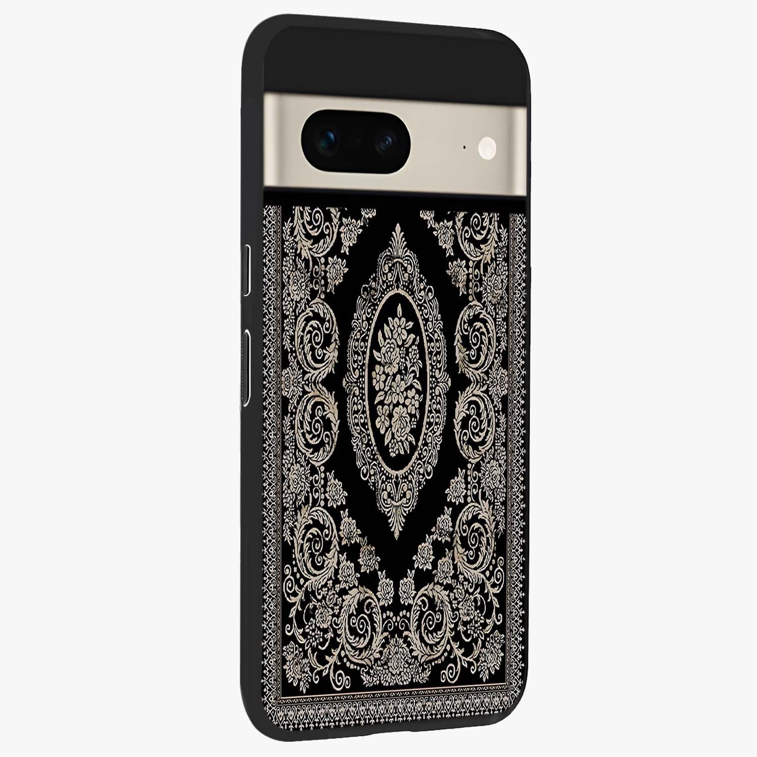Noir Bloom Elegance Glass Case upright view showcasing graceful floral artwork with luxurious dark theme.