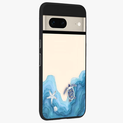 Ocean Drift Turtle Glass Case upright view showcasing calm underwater turtle artwork with nature inspired theme.