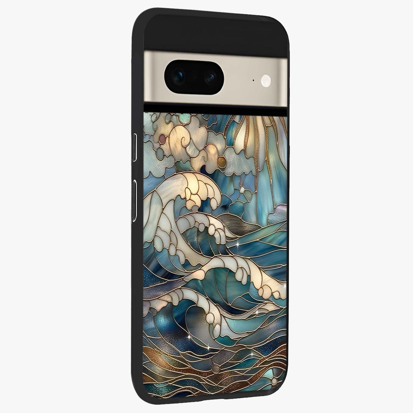 Oceanic Stained Printed Glass Case upright view showcasing decorative ocean pattern artwork with vibrant marine theme.