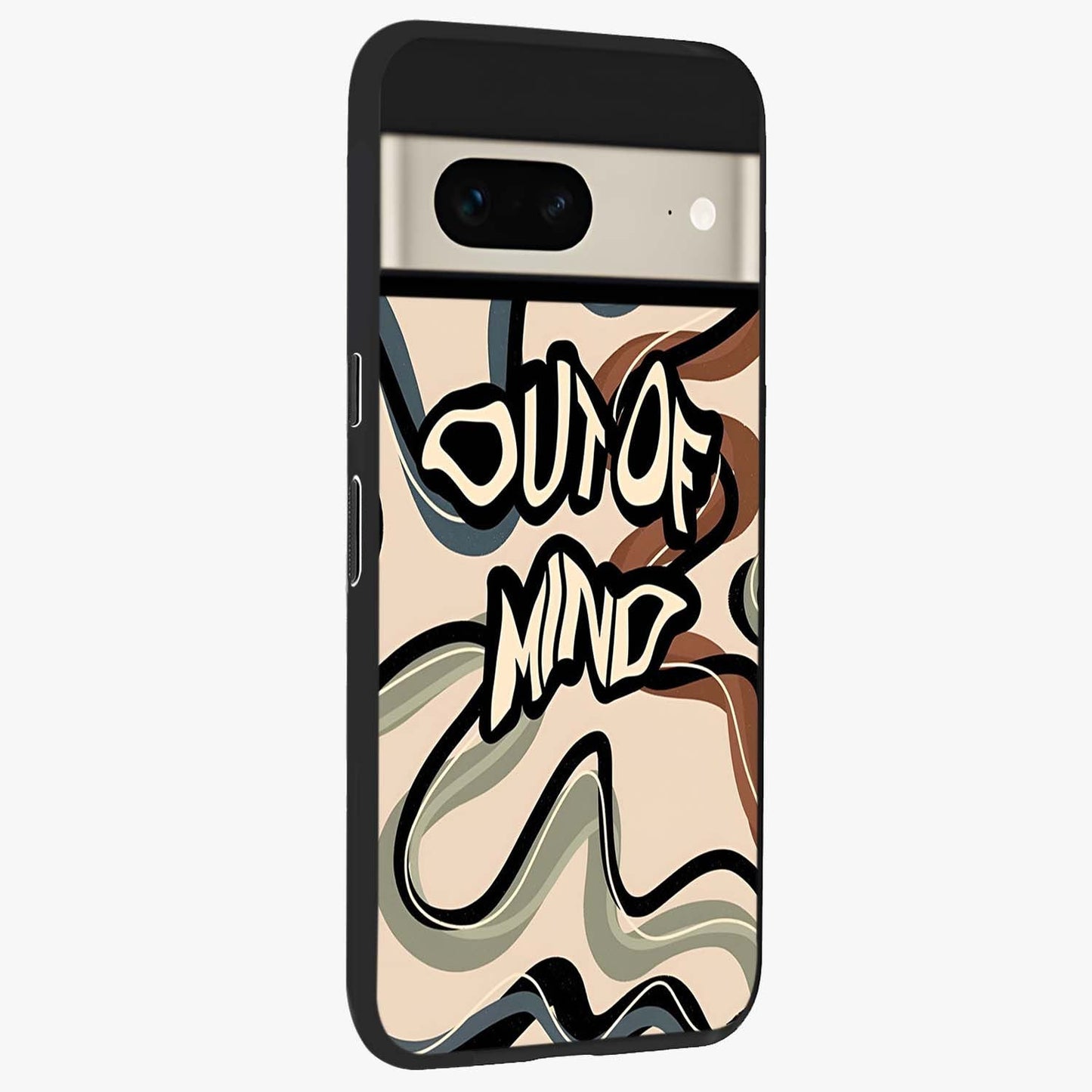 Out Of Mind Glass Case upright view showcasing striking typography artwork with edgy conceptual theme.