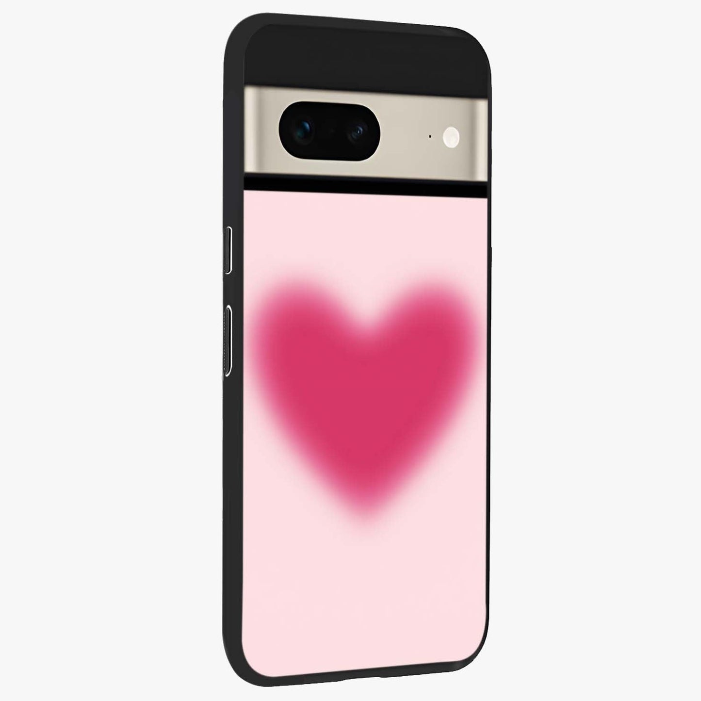 Pink Aura Heart Glass Case upright view showcasing romantic heart artwork with soft pastel theme.