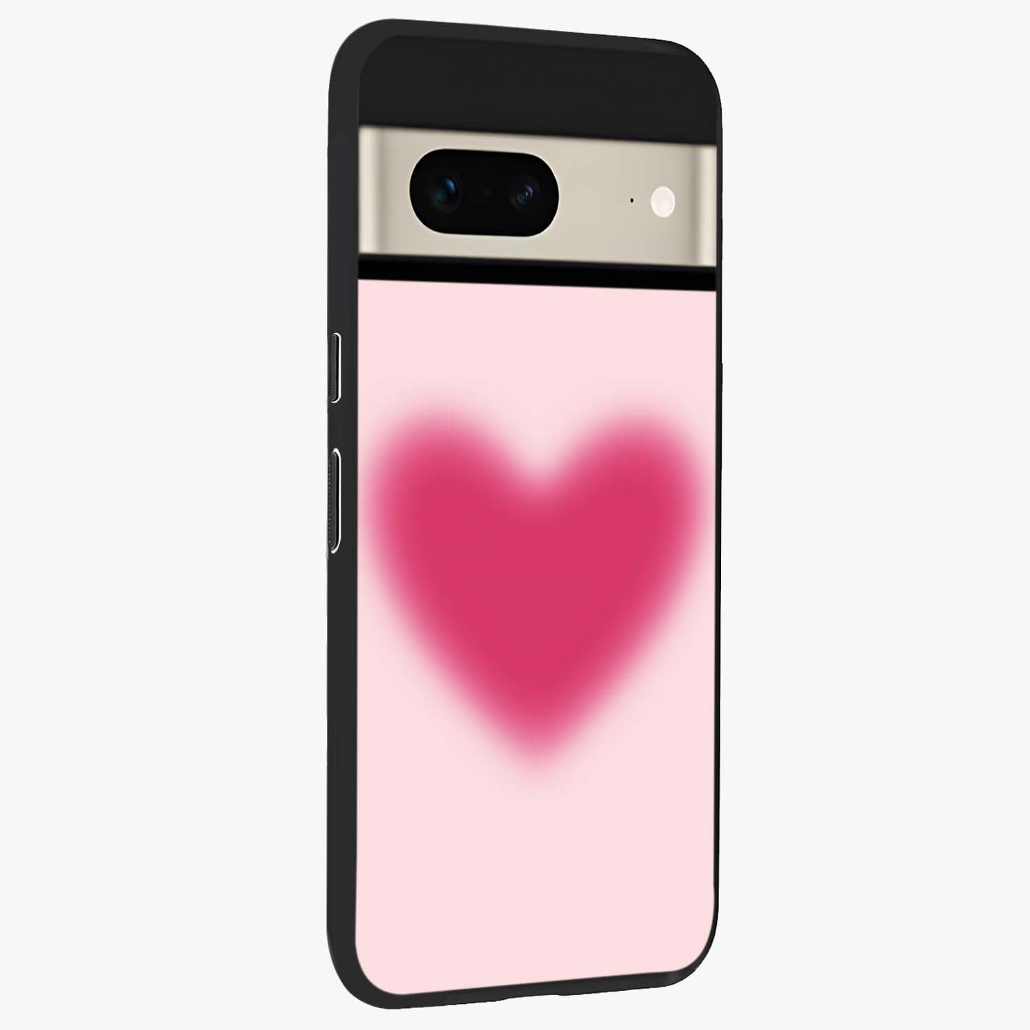 Pink Aura Heart Glass Case upright view showcasing romantic heart artwork with soft pastel theme.