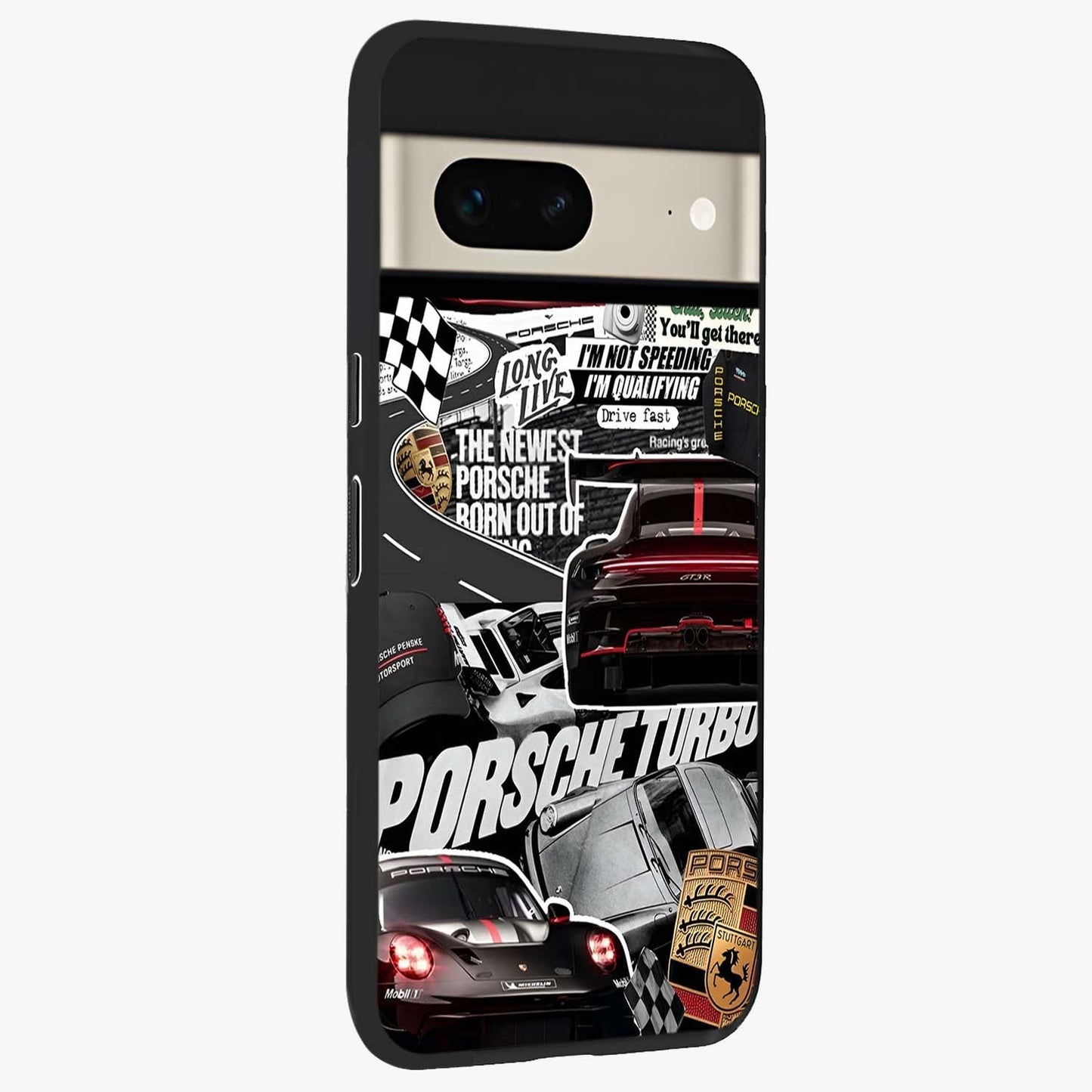 Porsche Racing Collage Glass Case upright view showcasing energetic car collage artwork with high speed racing theme.