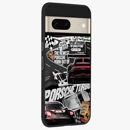 Porsche Racing Collage Glass Case upright view showcasing energetic car collage artwork with high speed racing theme.