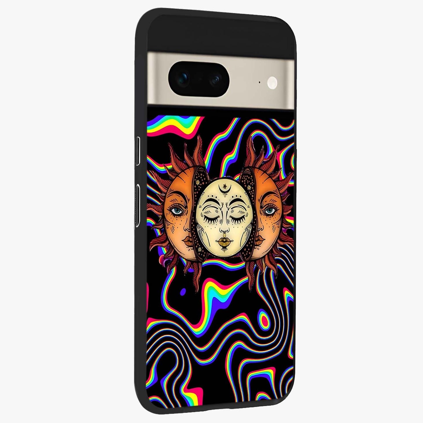 Psychedelic Sun Glass Case upright view showcasing trippy sun artwork with bold psychedelic theme.