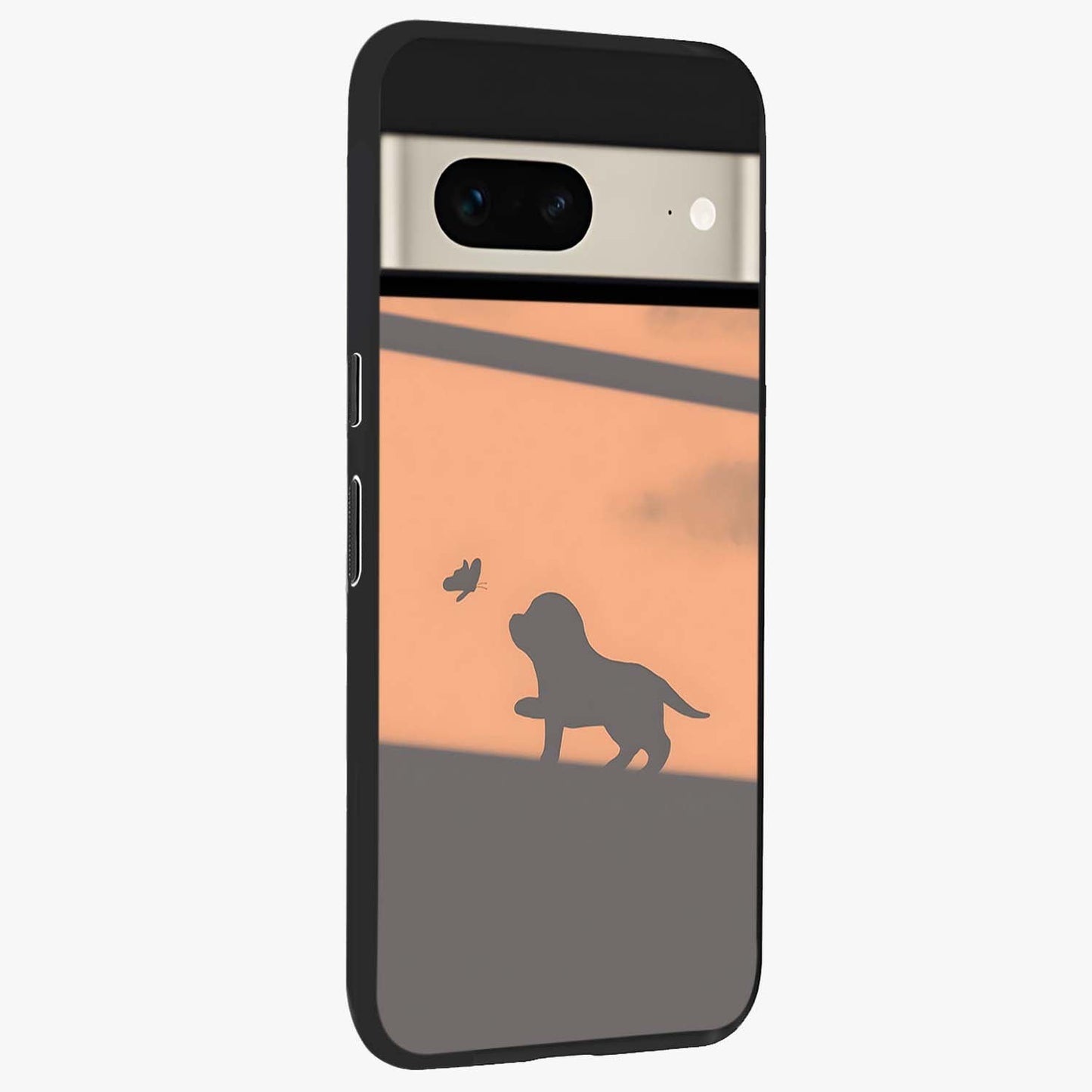 Puppy Shadow Art Glass Case upright view showcasing charming puppy artwork with creative silhouette theme.