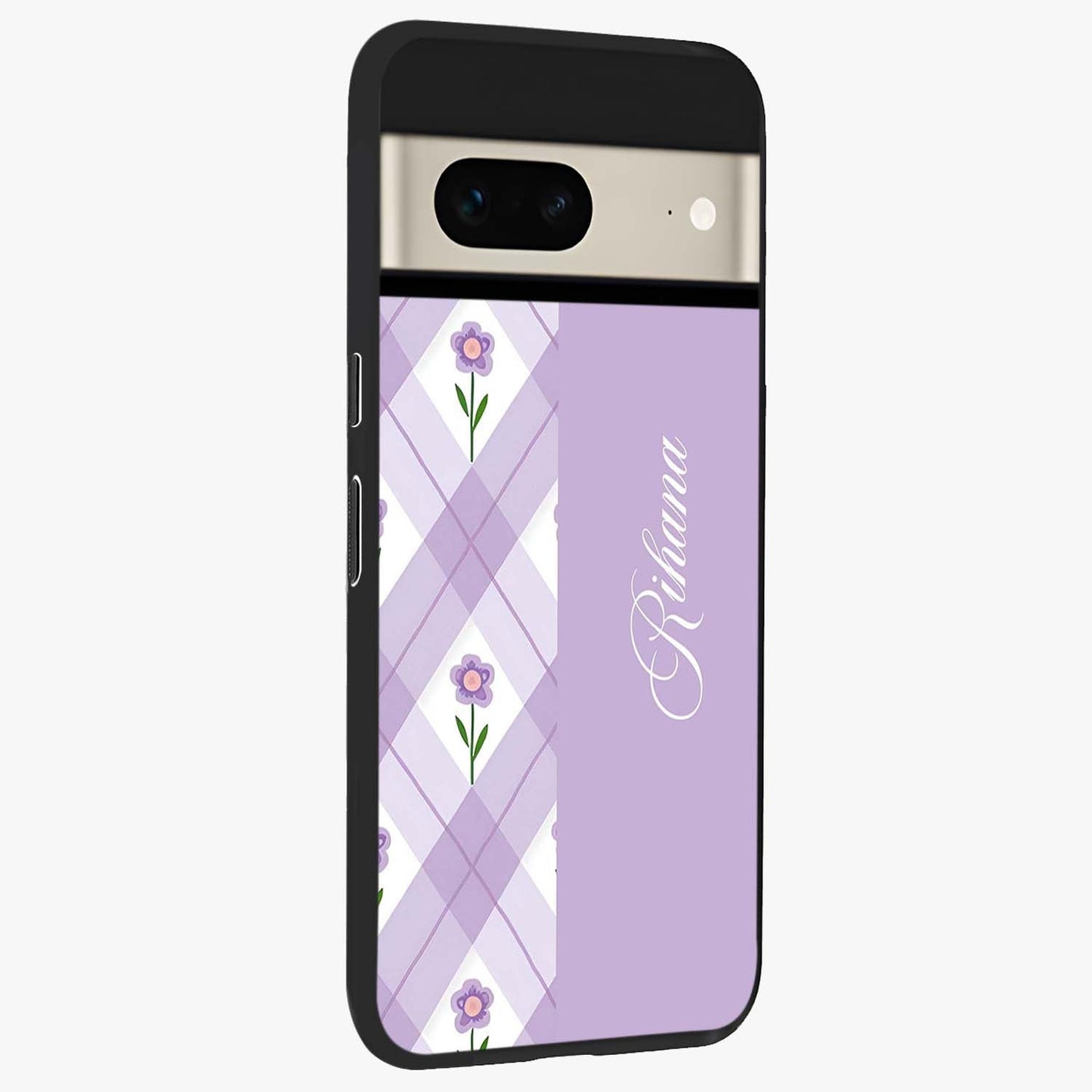Purple Diamond Floral Glass Case upright view showcasing vibrant floral artwork with stylish geometric theme.