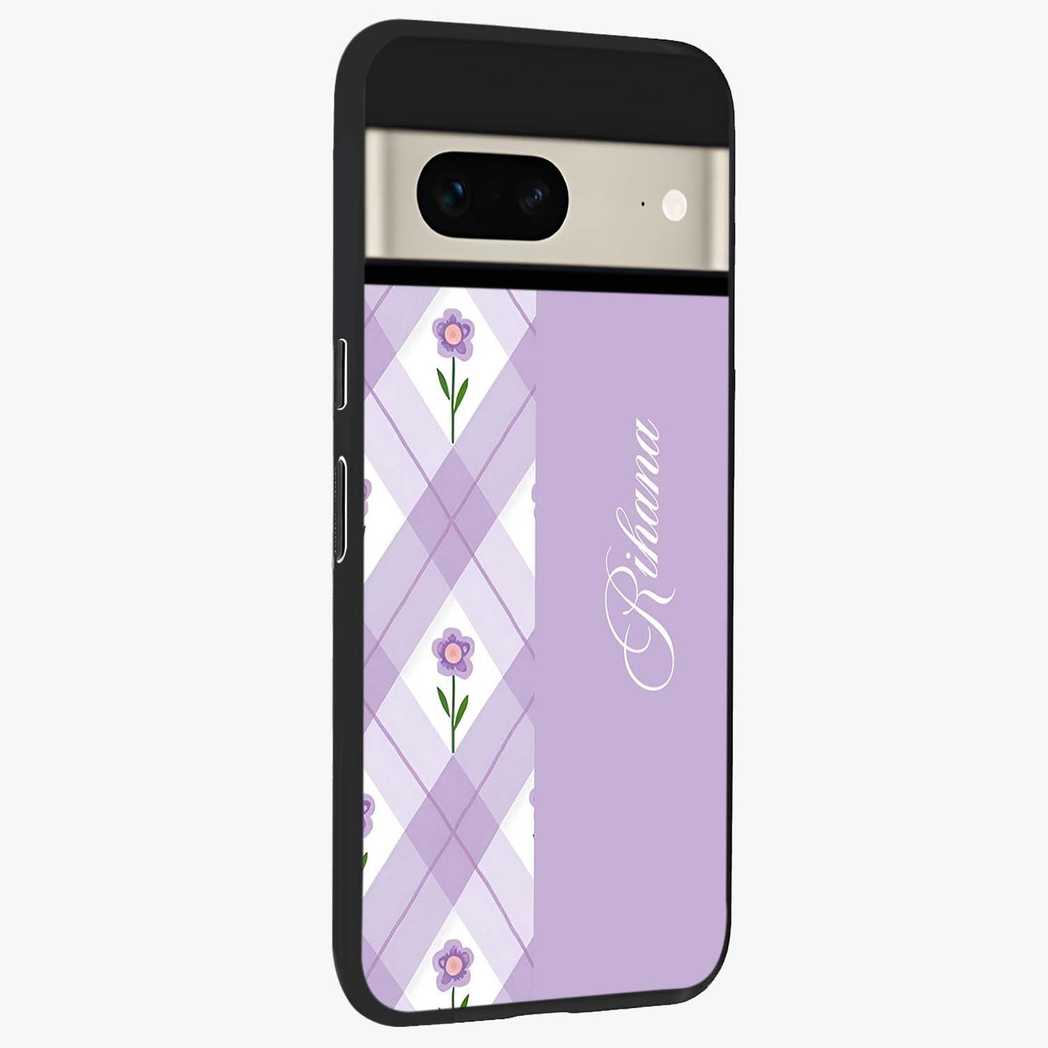 Purple Diamond Floral Glass Case upright view showcasing vibrant floral artwork with stylish geometric theme.
