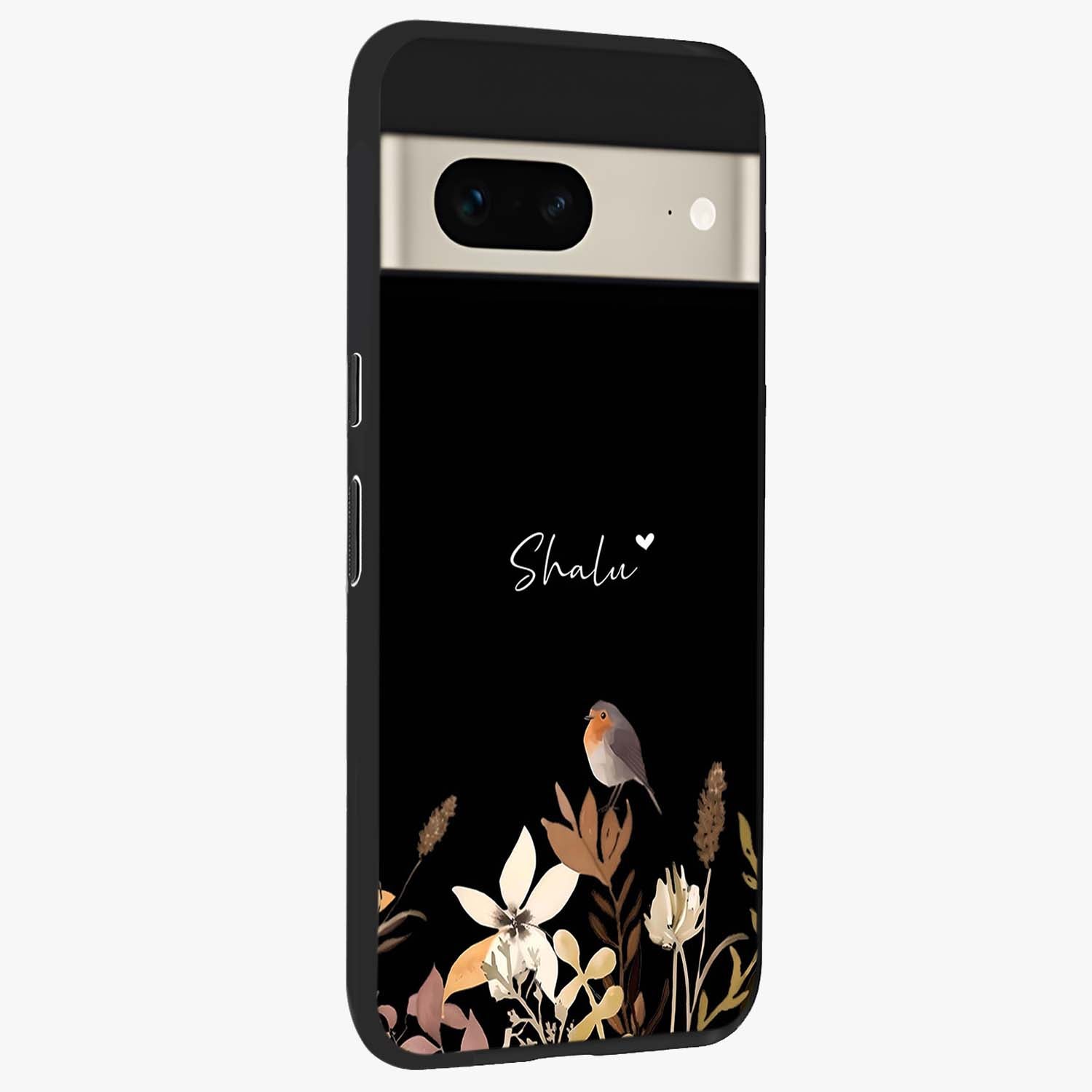 Quiet Garden Tune Custom Name Glass Case upright view showcasing serene botanical artwork with personalized aesthetic.
