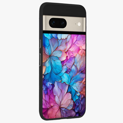 Radiant Floral Whirl Glass Case upright view showcasing lively floral artwork with decorative swirl theme.