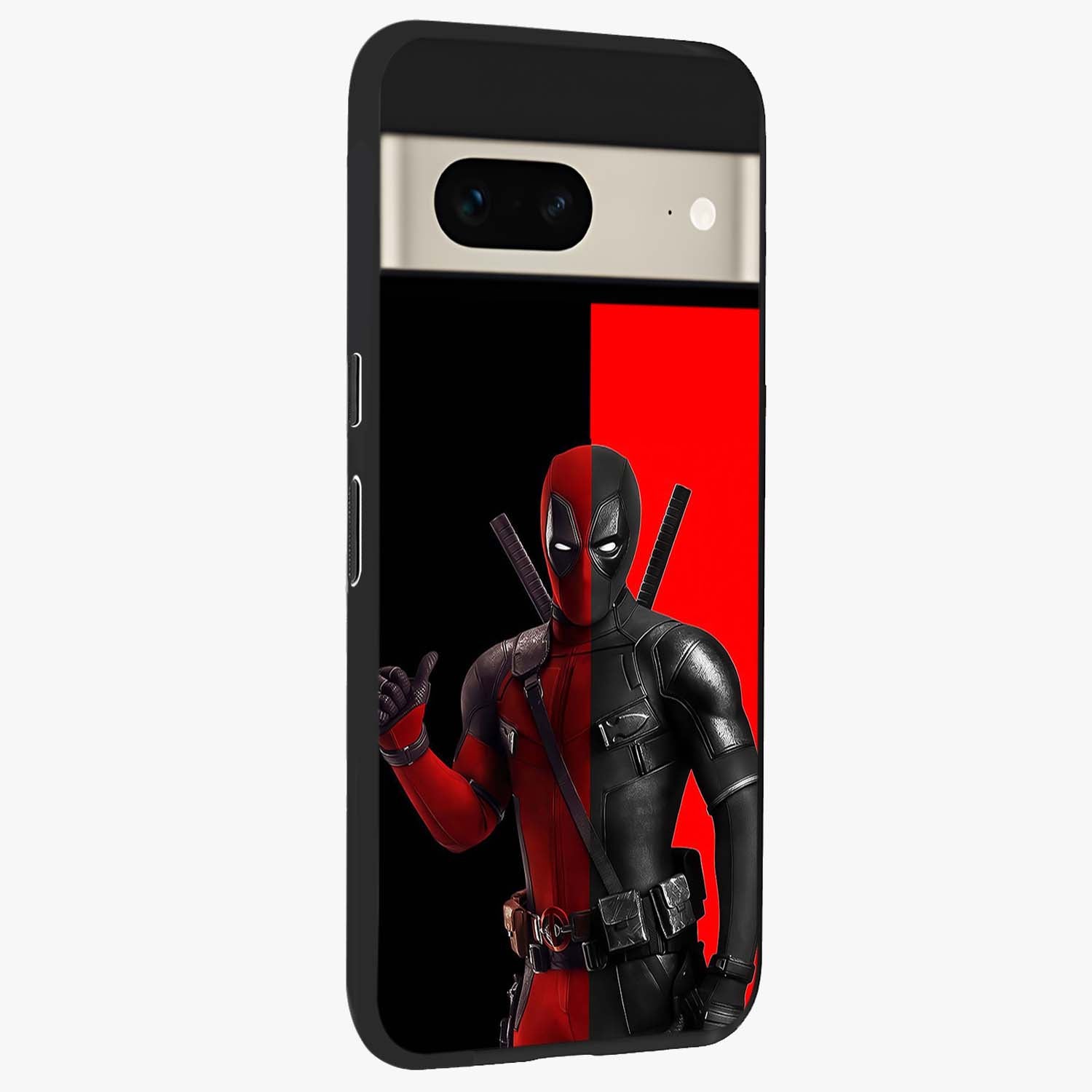 Red & Black Deadpool Theme Glass Case upright view showcasing energetic comic themed artwork with striking red and black design.