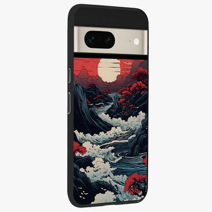 Red Sunset Scenery Glass Case upright view showcasing dramatic sunset scenery artwork with warm nature theme.